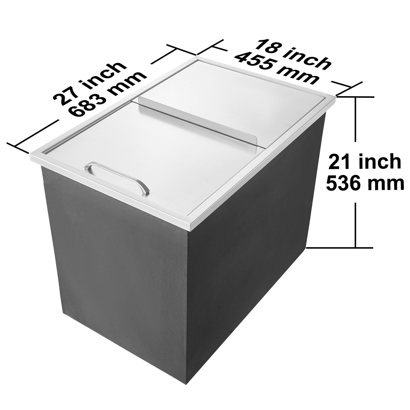 KFFKFF Drop-in Ice Chest, 27"L x 18"W x 21"H Stainless Steel Cooler, Commercial Ice Bin with Sliding Lid, 40.9 qt Outdoor Kitchen Ice Storage, Includes Drain Pipe and Plug, Ideal for Chilled Drinks