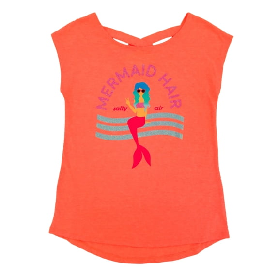 Girls Coral Orange Glitter Mermaid Hair Salty Air T-Shirt Tee Shirt Top XXL