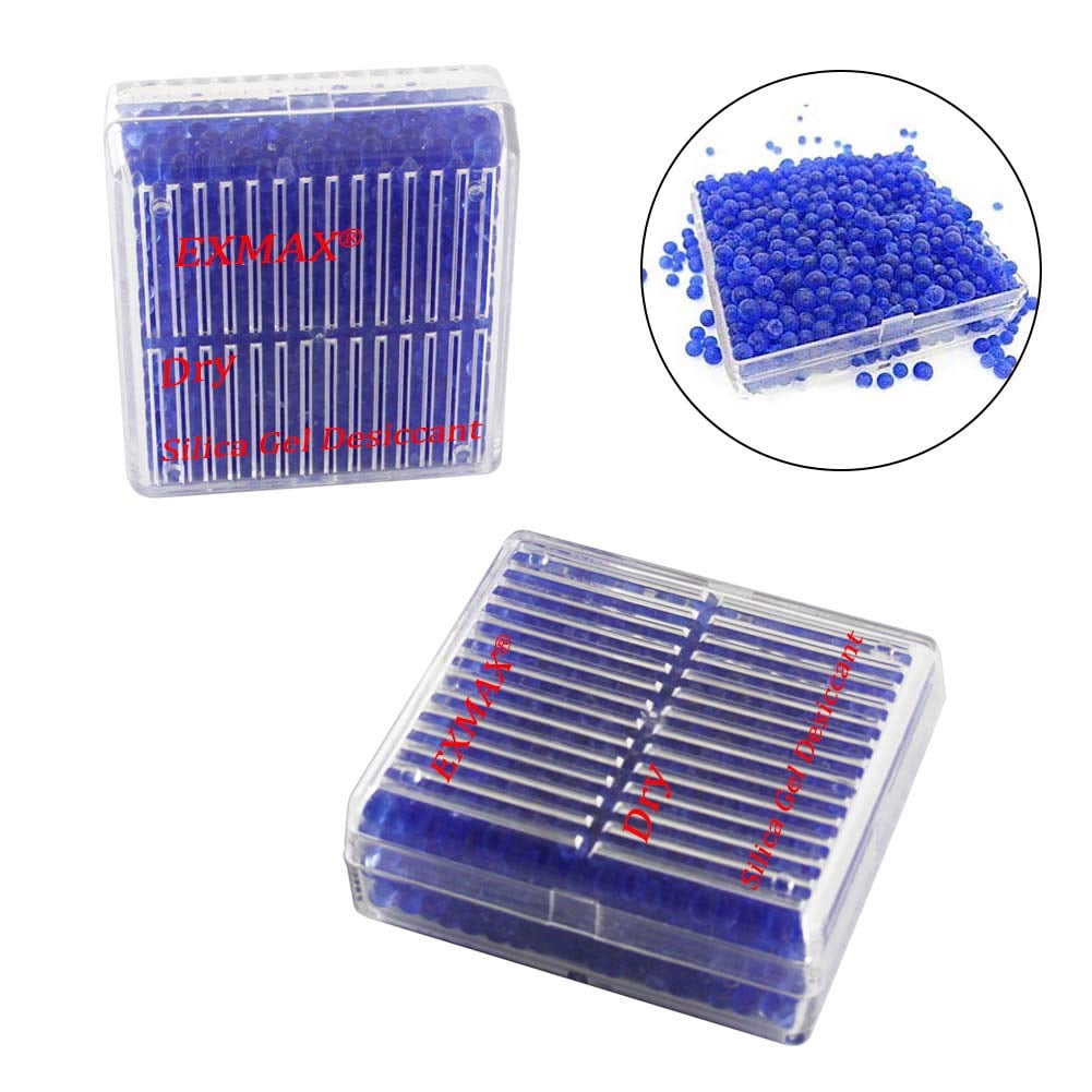 EXMAX Blue Indicating Silica Gel Beads(2-4mm) Desiccant Functional Hard Plastic Canister Dehumidifier Moisture Absorb Box Dryer for Camera Microscopes Telescopes - 8 Pack