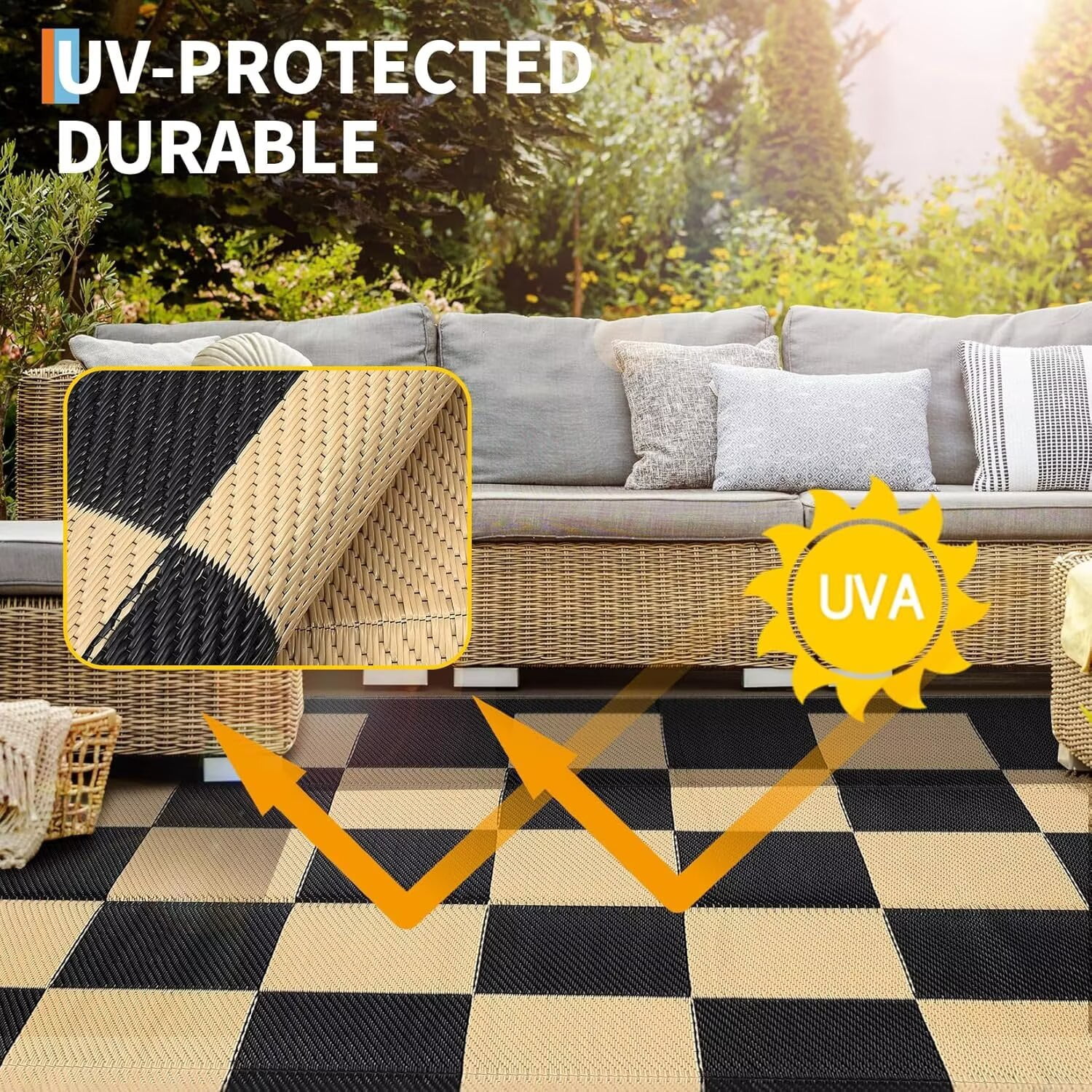 GlowSol 9'x18' Outdoor Rug Modern Checkerboard Plastic Straw Rug Waterproof Reversible Mat Outdoor Rug for Camping Patio Picnic, Black Coffee