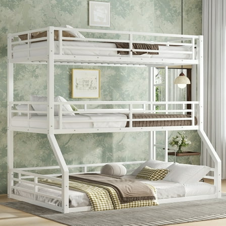 Twin over Twin over Full Bunk Bed,Heavy-duty Metal Triple Bunk Bed with Safety Guardrails,White