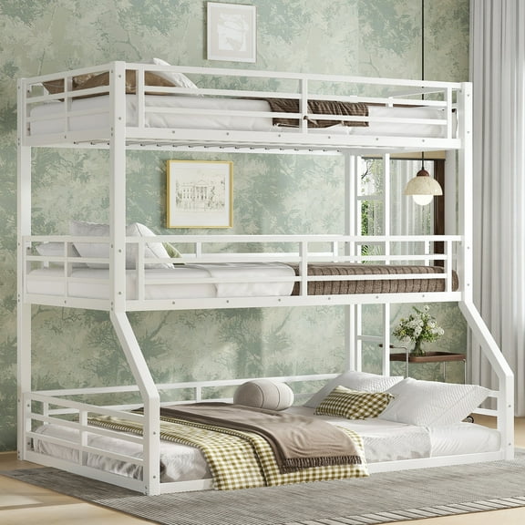 Twin over Twin over Full Bunk Bed,Heavy-duty Metal Triple Bunk Bed with Safety Guardrails,White