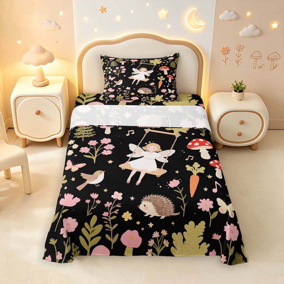 Homewish Cute Fairies Bird Hedgehog Twin Sheets,Kawaii Mushrooms Flowers Bedding,Black,3pcs,1 Flat Sheet,1 Fitted Sheet and 1 Pillowcase