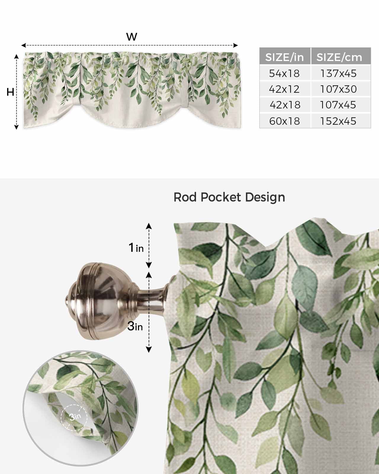 Tie Up Valance Curtain for Kitchen,Spring Green Sage Leaves on Linen Rod Pocket Short Curtains Adjustable Tie-Up Shade Valances,Swirling Leaf Window Treatment for Bathroom Bedroom