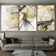 Jlong 3 Panels Black Gold Abstract Art, Frameless Gold Ink Canvas Wall Art Prints Pictures,Wall Art for Bedroom Living Room Office Wall Decor Picture Artwork Home Decor