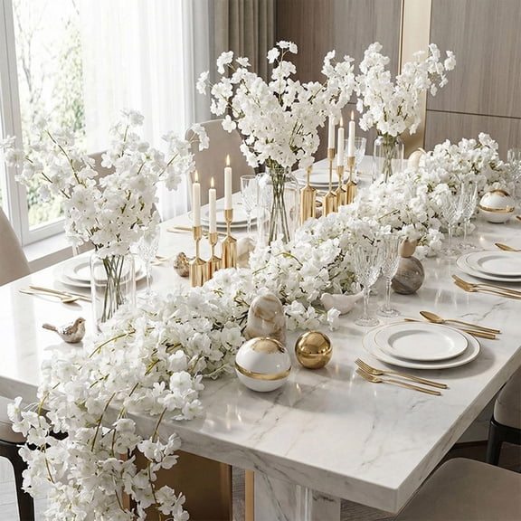 Artificial Cherry Blossom Vines Indoor Ceiling Decoration Faux Flower Strip for Home, Wedding, Office, Event Enhancements White