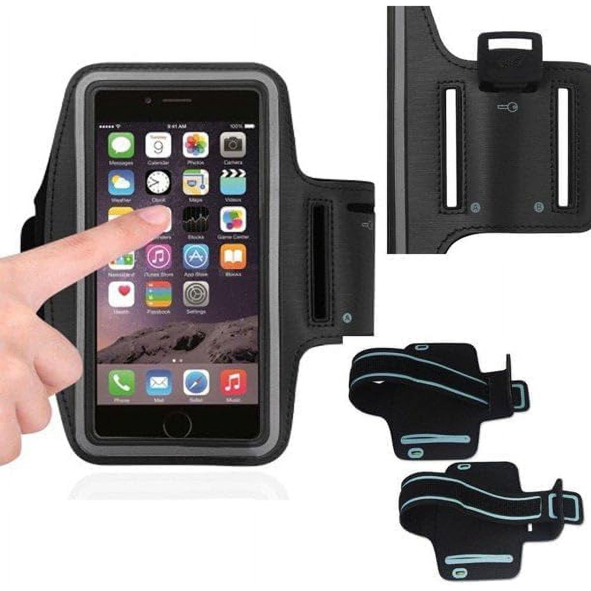 Reflective Adjustable Black Armband Case with Key Holder Fits Arms up to 14 inches big. Compatible with Samsung Galaxy A26, A36, A06, A35 with a thin cover on it.