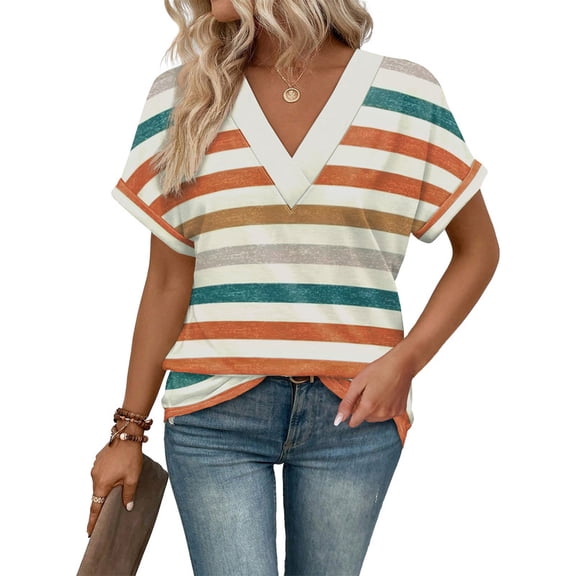 Ronuti Womens Summer Tops Short Rolled Sleeve Shirts 2026 Fashion V Neck Clothes