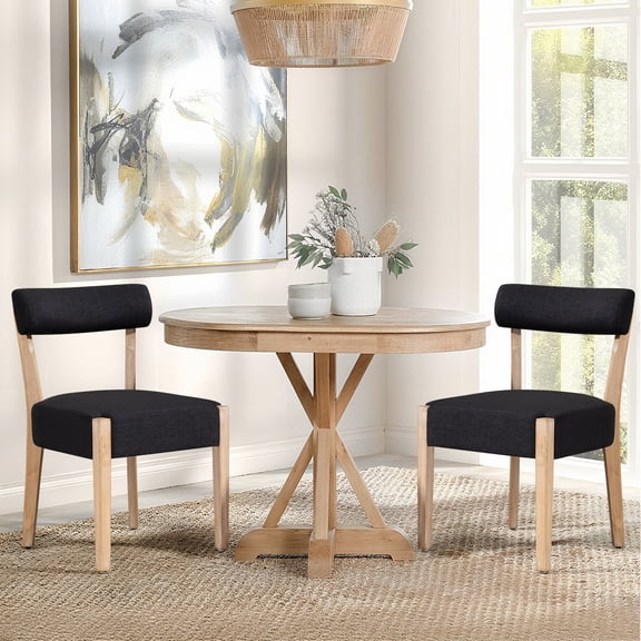 Dining Chairs,Set of 2 Mid-Century Modern Wooden Kitchen Chairs with Linen Upholstery - Low-Back Woven Design for Kitchen & Dining Room,Black Fabric