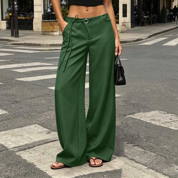 CQONEPT Women's Low Rise Going Out Dress Pants Drawstring Wide Leg Pant Work Slacks Pants Business Casual Trousers with Pockets Green M