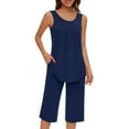 thumbnail image 5 of Nrmvnmi Women's Summer Pajamas Loose Loungewear Sets Pleated Round Neck Sleeveless Tops and Elastic Waist Capri Pants Lounge Sets 2 Piece Outfits Dark Blue MMothers Day Gifts, 5 of 8
