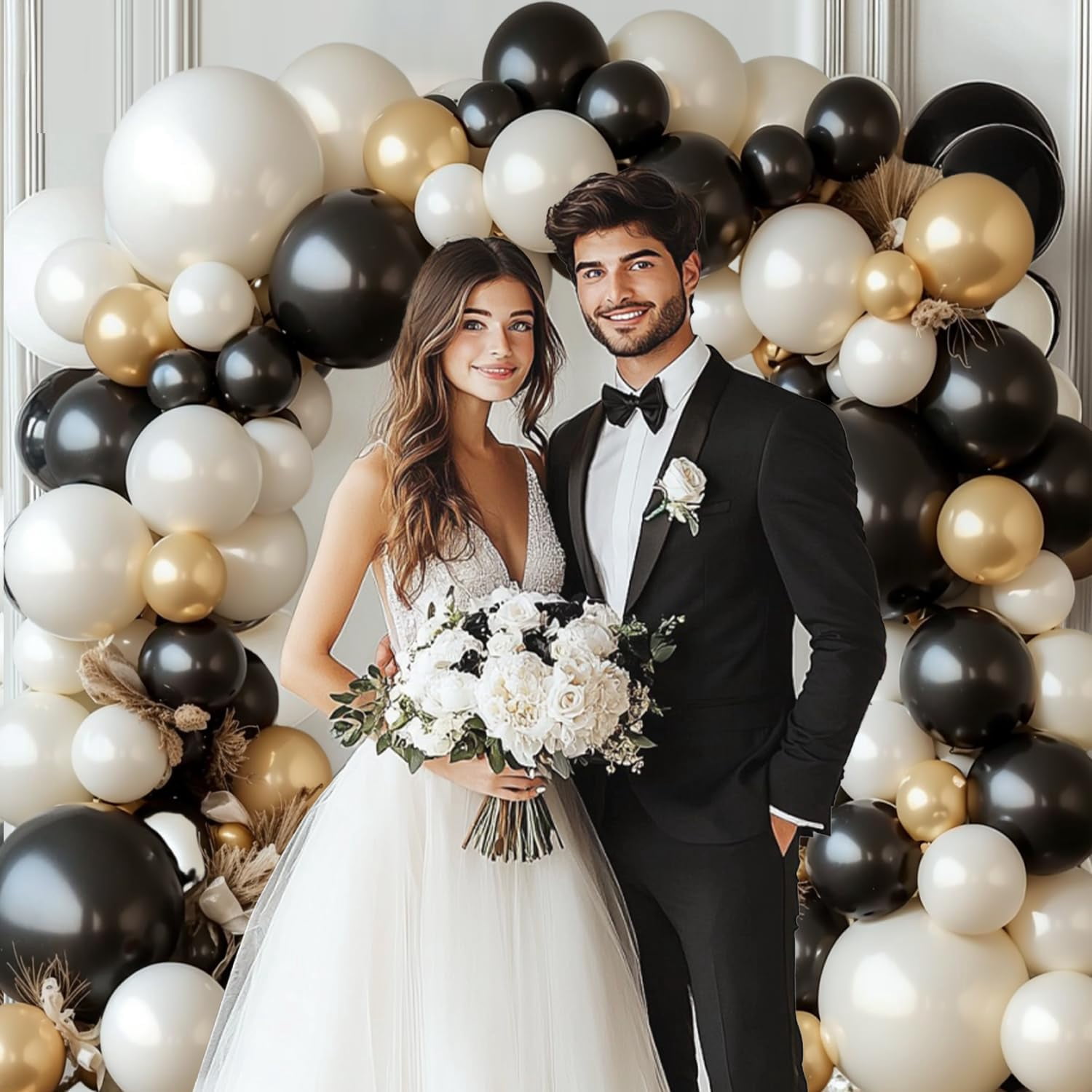 Black White Gold Balloon Arch Kit,Double Stuffed Pearl Sand White Balloon Garland Different Sizes 18/12/5 Inch Chrome Cream Balloons for Graduation Wedding Birthday Bachelorette Party Decorations