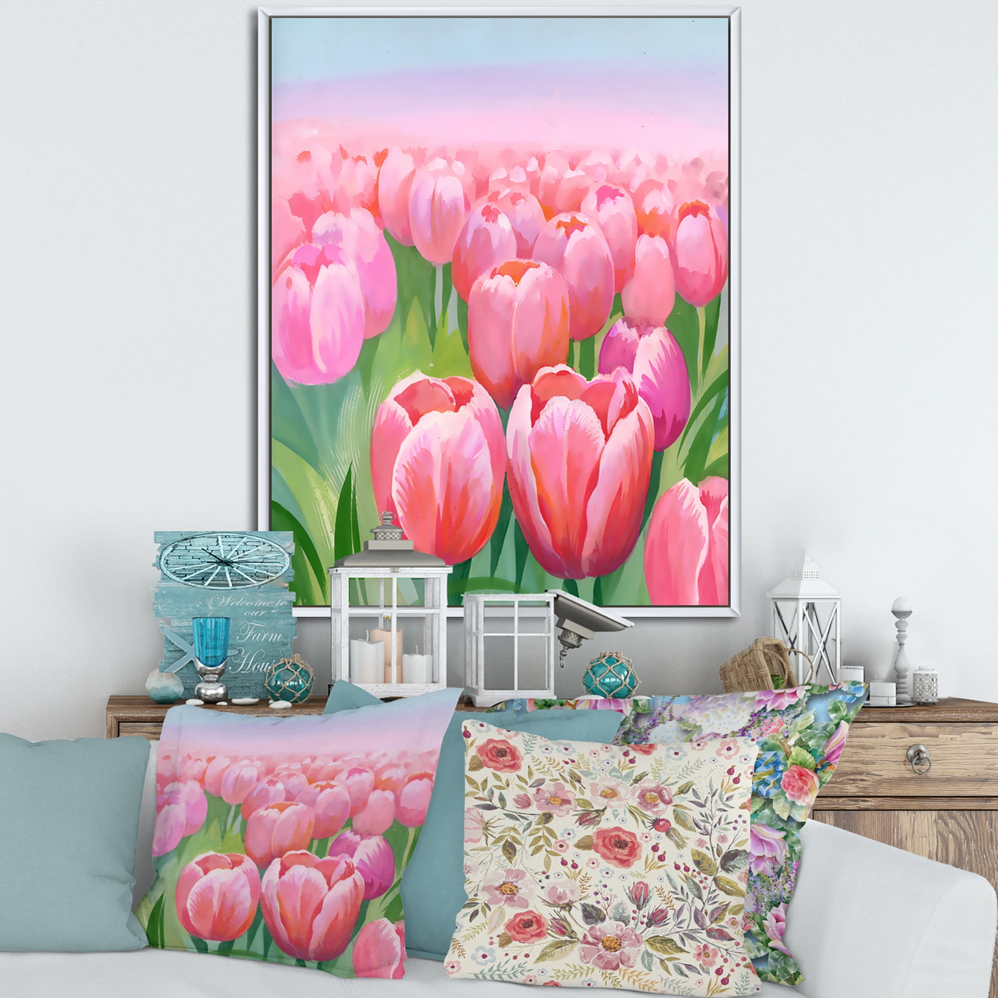 Designart 'Pink Tulips in Field' Traditional Framed Canvas Wall Art Print