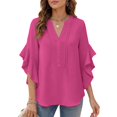thumbnail image 2 of Womens Summer 3/4 Length Sleeve Bell Sleeve Flared Tunic Tops Plus Size V-Neck Blouses for Women Dressy Casual Hot Pink M, 2 of 5