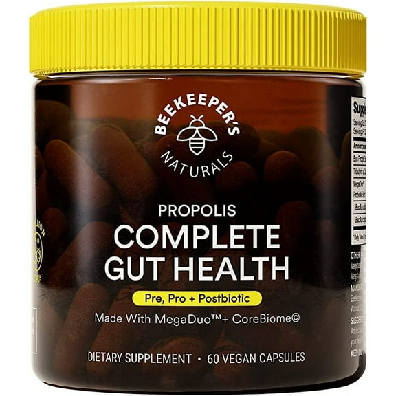 Beekeeper's Naturals Complete Gut Health, 3-in-1 Prebiotic, Postbiotic, Probiotics for Digestive Health & Bloating Relief for Women & Men, Propolis Powered, Gluten-Free Vegan Capsules, 60ct