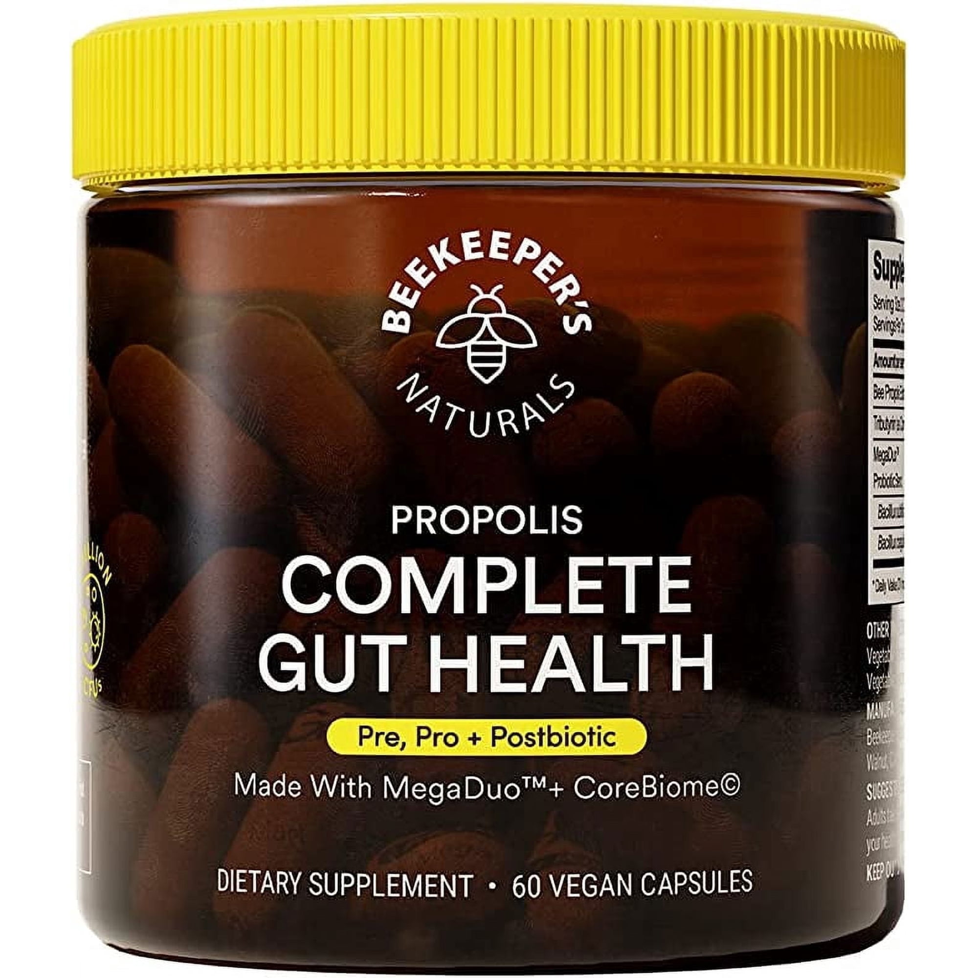 Beekeeper's Naturals Complete Gut Health, 3-in-1 Prebiotic, Postbiotic, Probiotics for Digestive Health & Bloating Relief for Women & Men, Propolis Powered, Gluten-Free Vegan Capsules, 60ct