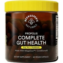 Beekeeper's Naturals Complete Gut Health, 3-in-1 Prebiotic, Postbiotic, Probiotics for Digestive Health & Bloating Relief for Women & Men, Propolis Powered, Gluten-Free Vegan Capsules, 60ct