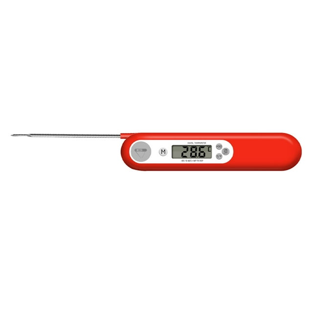 PT308 Red Digital Food Thermometer with 4.33" 304 Stainless Steel Probe - Fast 6-Second Read, -58°F to 572°F Range, Backlit Display, Foldable Design, Celsius/Fahrenheit Switch, & Count-Down