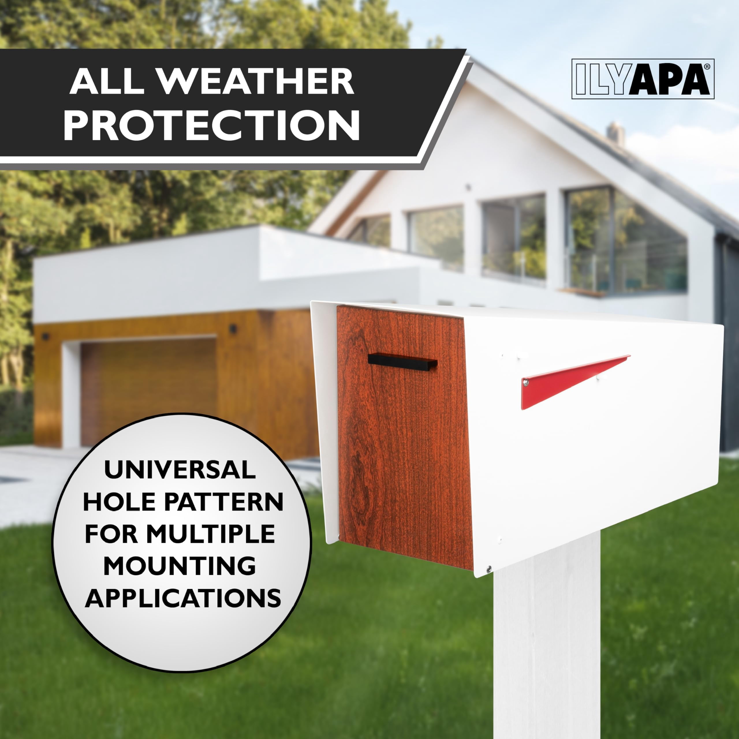 Ilyapa Modern Mailbox with Angle Design Post Mount - White Powder Coated Metal Mailbox with Wood Door - Waterproof for Parcels, Magnetic Close Door