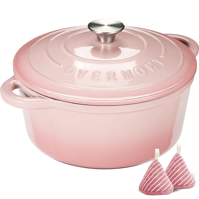 Horno holandés de hierro fundido esmaltado Overmont de 4.5 cuartos con tapa, libro de cocina y agarraderas de algodón. Utensilios de cocina resistentes para estofar, guisar, asar y hornear pan. Rosa.