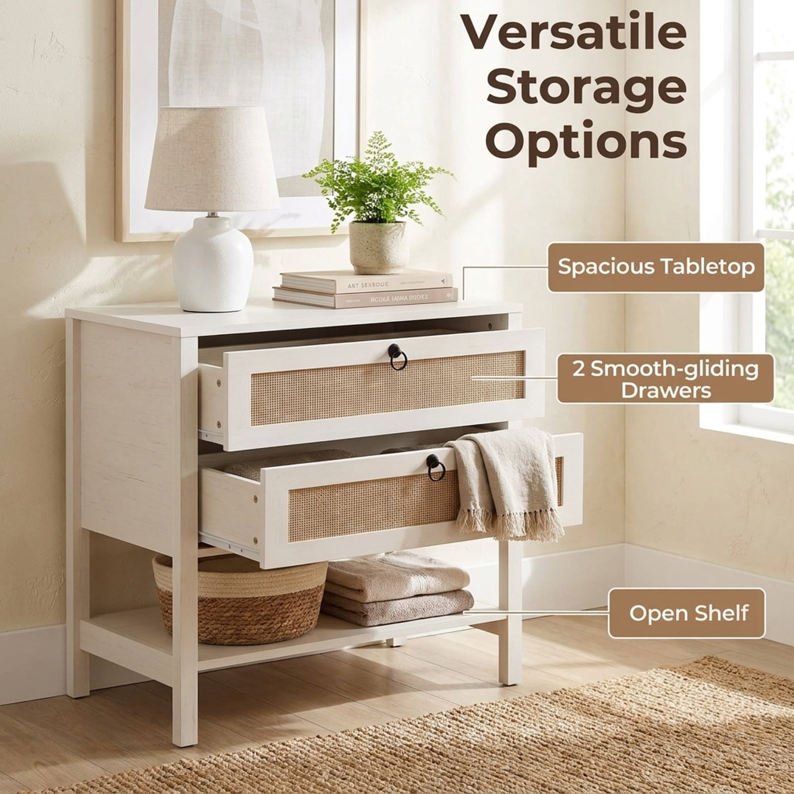 Furnibear Boho Rattan Nightstand with 2 Drawers and Bottom Open Shelf for Bedroom Living Room Bedside Sofa Side Small Space, White