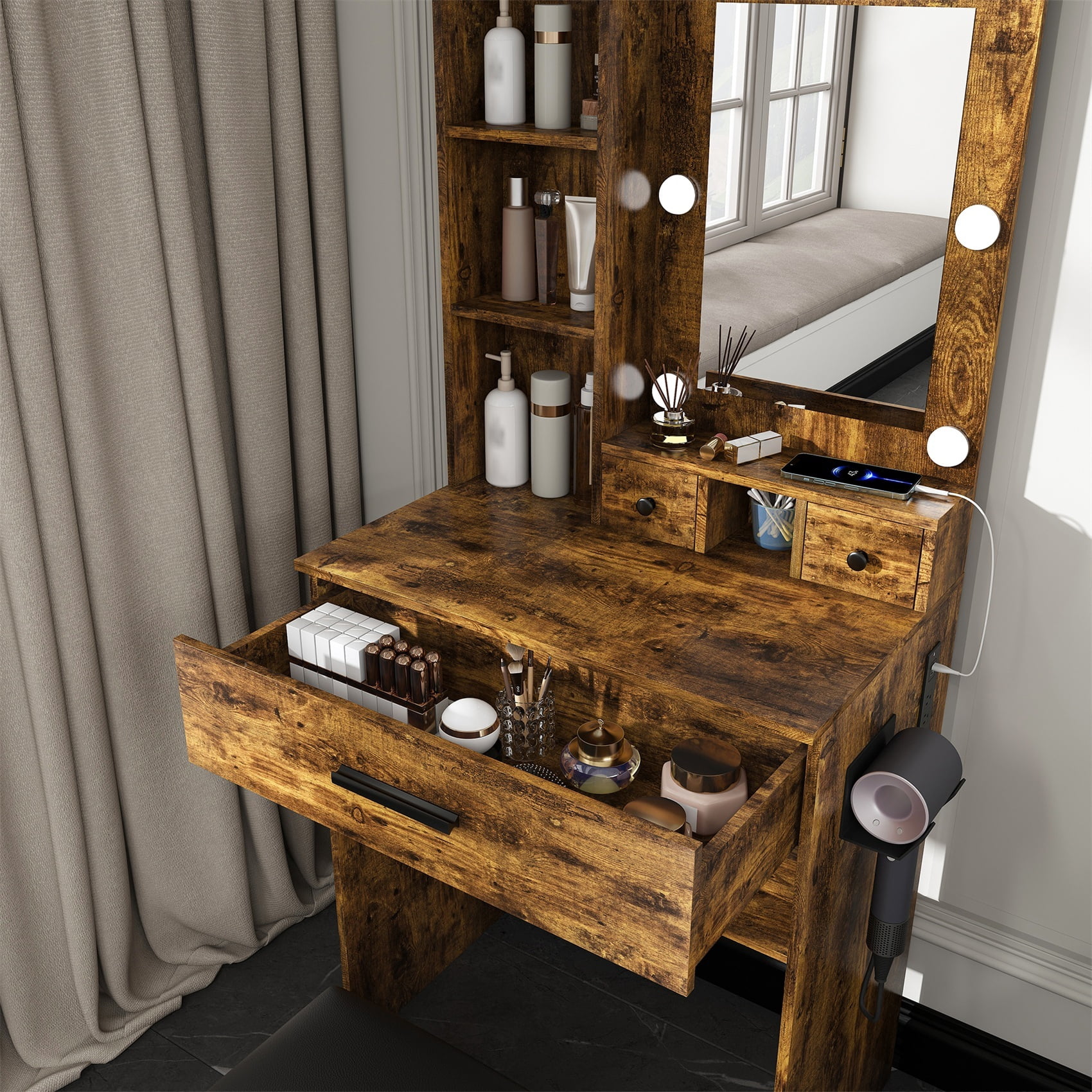 Alvantor Makeup Vanity Table and Chair Set with Mirror & Lights, Built-in Power Outlet & Hairdryer Holder, Vintage
