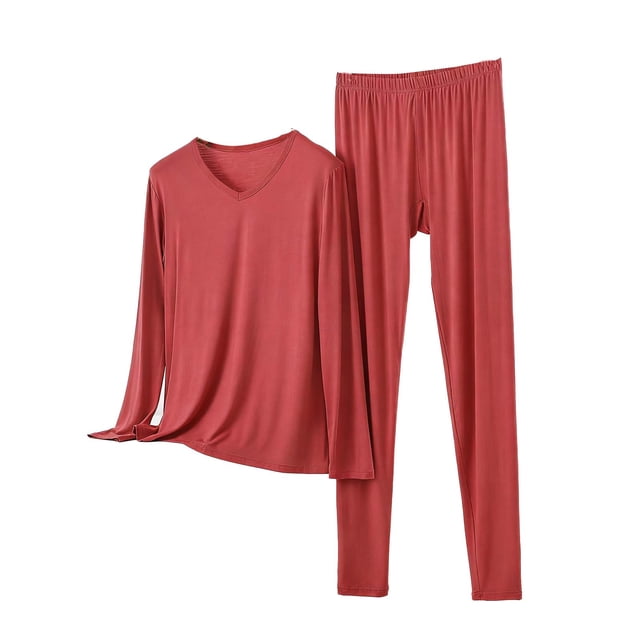 Conjunto de Ropa Interior Larga de Mujer Cuello en V Manga Larga Lencería Casual Ropa de Dormir Pajama Set Confort Suave, Lencería de Manga Larga para Mujeres