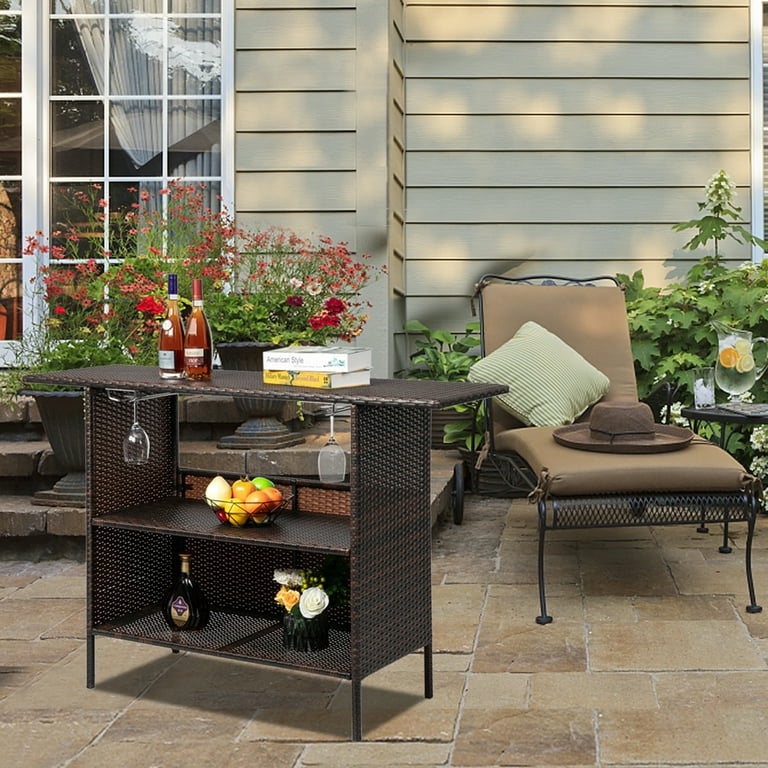 Patio PE Wicker Bar Table with 2 Storage Shelf SYNGAR Outdoor Rattan Bar Counter Table w 2 Rows of Hanging Cup Racks Outdoor Relax Bar Counter