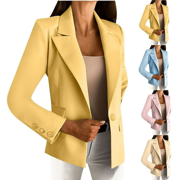 Sriper Women's Long Sleeve Breasted Blazer Solid Color Turn Down Collar Coat, Office Casual, Fall Work Outfits, Lightweight Business Jacket Bleiser Para Damas Modernos Yellow S