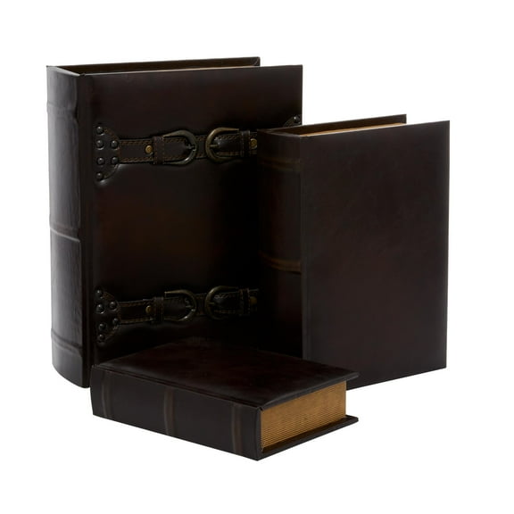 DecMode Vintage Faux Book Storage Dark Brown Faux Leather Decorative Box with Gold Buckle Accents, 3 Count