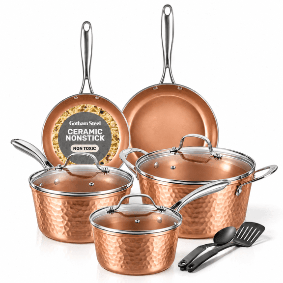 Gotham Steel Diamond Hammered Nonstick Pots and Pans 10 Piece Ceramic Kitchen Cookware Set Copper