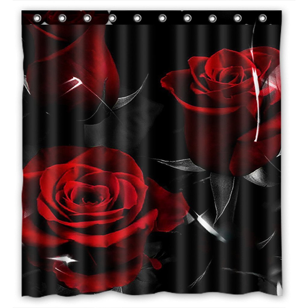 GCKG Fire Red Rose And Black Leaves Bathroom Shower Curtain, Shower ...