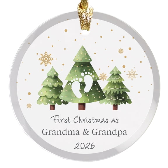 2026 First Christmas As Grandma & Grandpa Clear Acrylic Watercolor Christmas Tree Design New Grandparent Gift Keepsake Round Disc Ornament