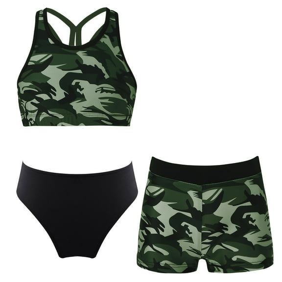 Alvivi Kids Girls 3Pcs Tankini Swimsuits Bikini Set and Shorts Beach Sports Swimwear Bathing Suit Camouflage Green 16