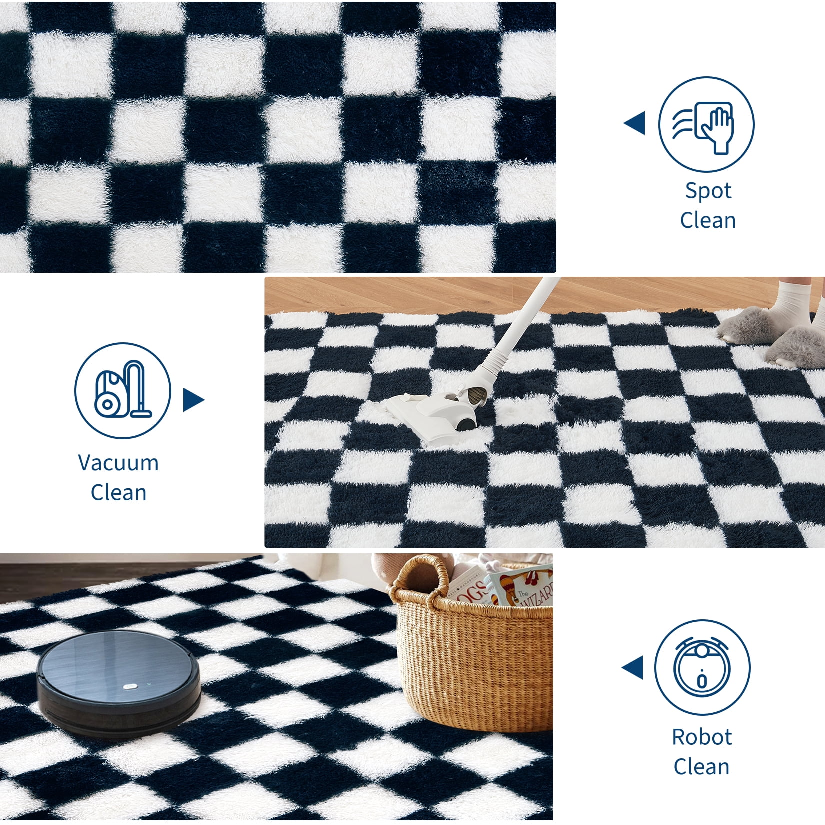 HOMERRY 2' x 6' Fluffy Runner for Kitchen Hallway Geometric Check Runner Rug Fuzzy High Pile Plush Carpet, Navy White