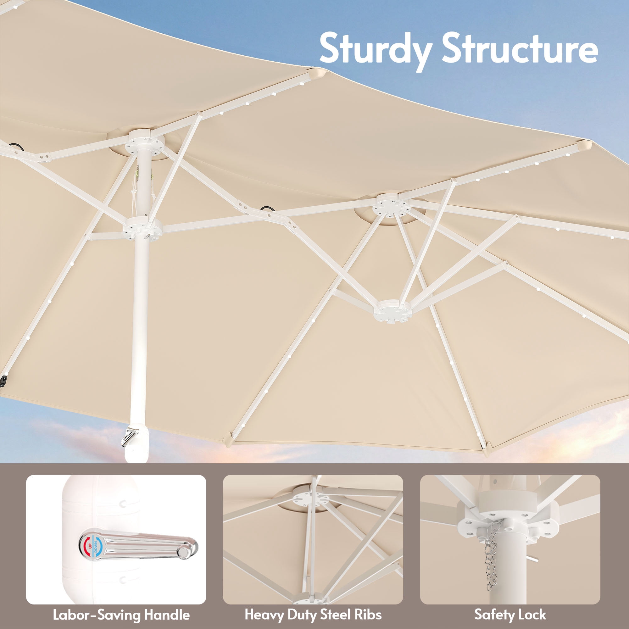 LAZZO 15FT Patio Umbrella with LED Lights and Base, Outdoor Rectangular Triple Shade for Patio Deck Garden, Champagne