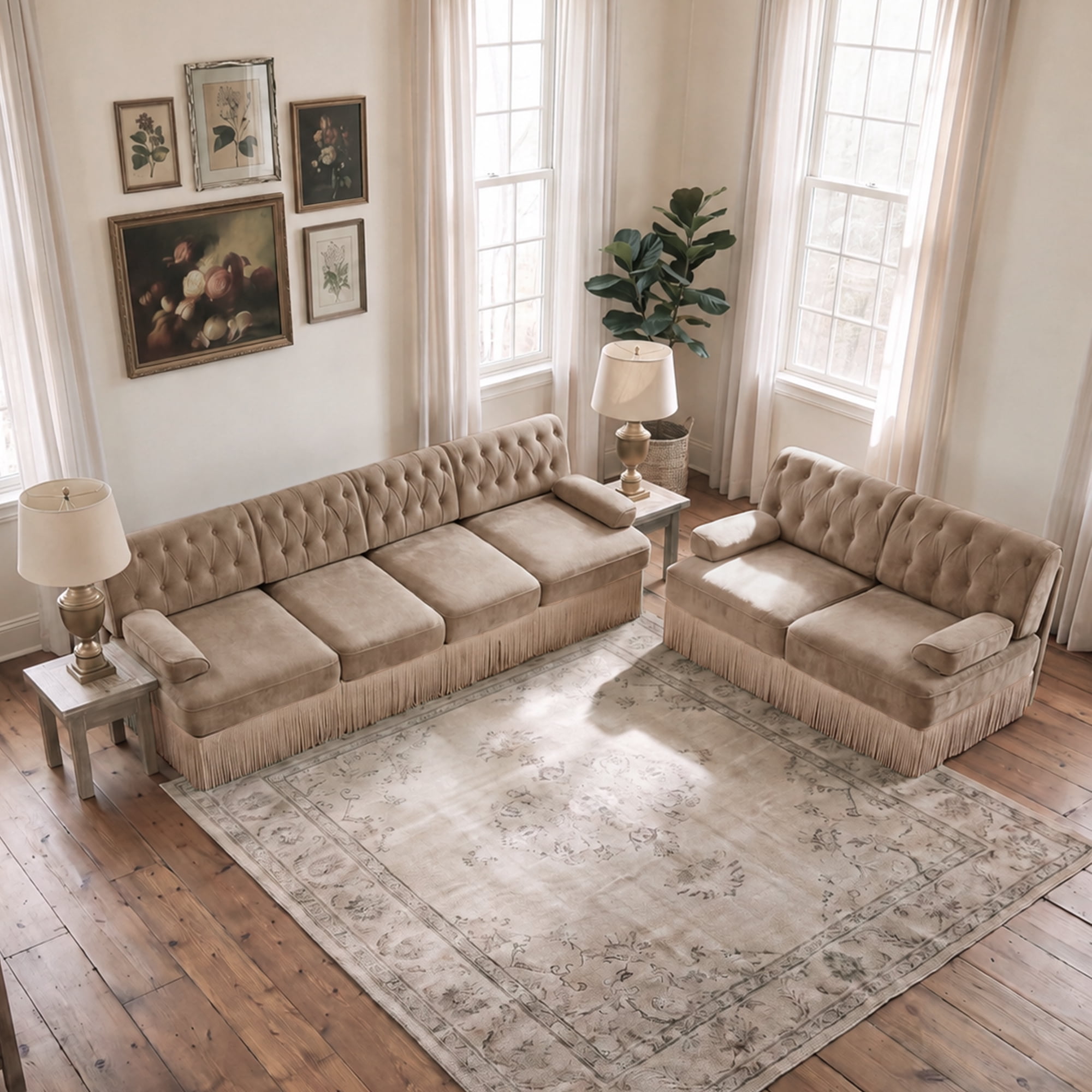 2‑Piece Sectional Sofa Set, 1 Pcs Loveseat & 1 Pcs 135" 4‑Seater Sofa Couch Set with Tassel Skirt