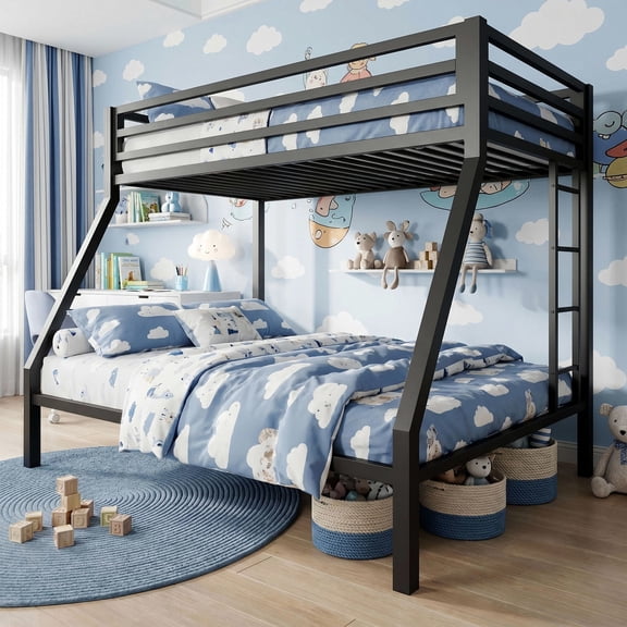 Einfach Metal Twin over Full Bunk Bed Frame with Removable Stair & Underbed Storage, Black