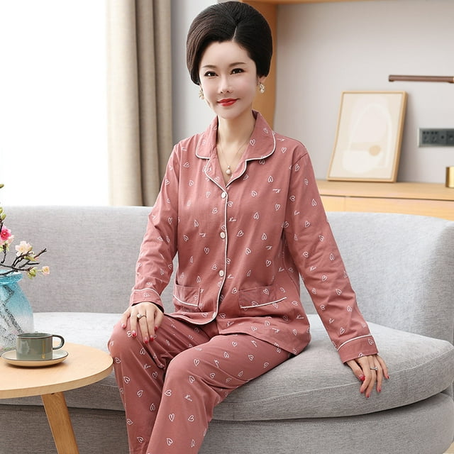 REDHOTYPE Femmes Matures Mode Imprimé Pyjama pour Dames Manches Longues Pantalon Long Coton Grande Taille Col Rond Tenue de Détente Ensemble Deux Pièces