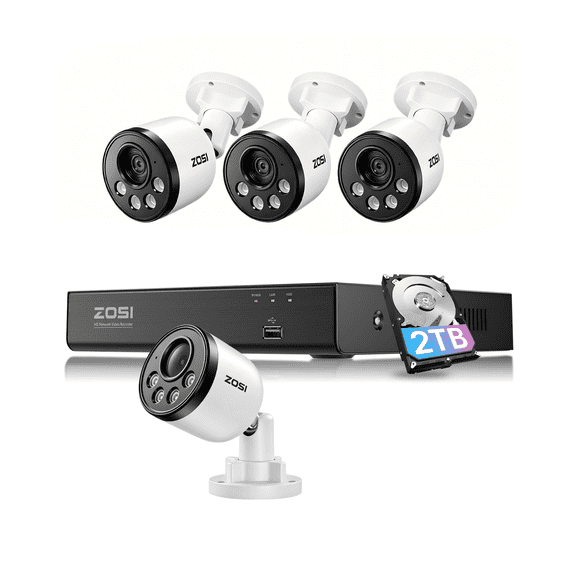 ZOSI 4K PoE 8CH NVR Security System, 4 x 8MP Indoor/Outdoor Metal Cameras with Audio, AI Person/Vehicle Detection & People Counting, Night Vision, 2TB HDD for 24/7 Recording