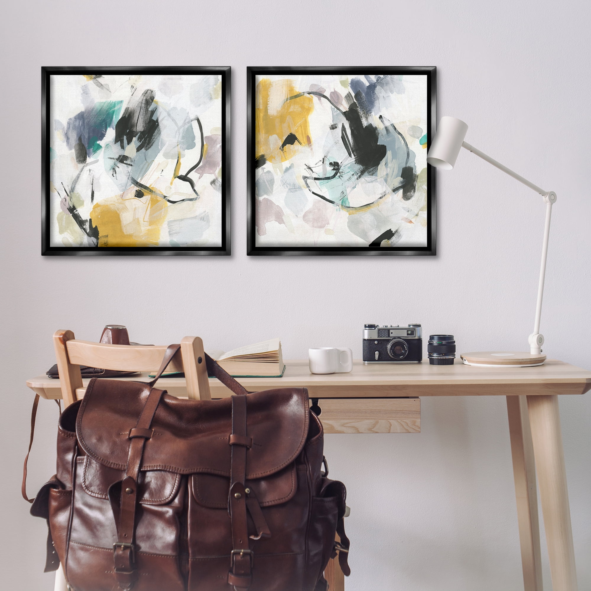 Stupell Industries Black & Yellow Abstract Splash Abstract Painting Black Floater Framed Canvas Art Print Wall Art, 25 x 25, Set of 2