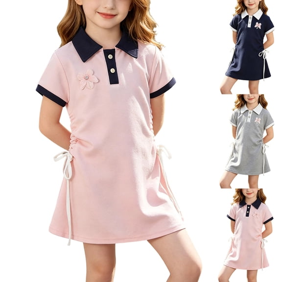 Afuyipoi Girls Student Style Polo Dress (12M-13Y) Summer Short Sleeve Lapel A-Line Skirt with Side Drawstring for School Pink 3T
