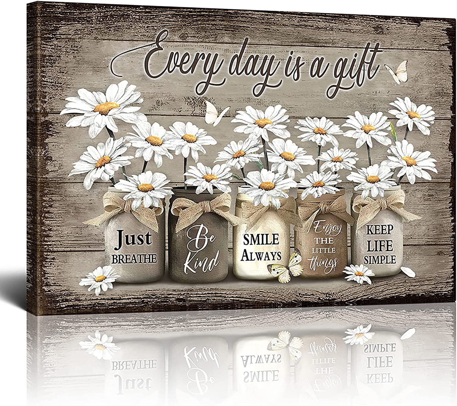 Rustic Wall Art Daisy Butterfly Gift Canvas Vintage Floral Wall Art Flowers Inspirational Picture For Bedroom Living Room Bathroom Office Wall Decor Framed Home Decorations Ready To Hang 12x16 Inch