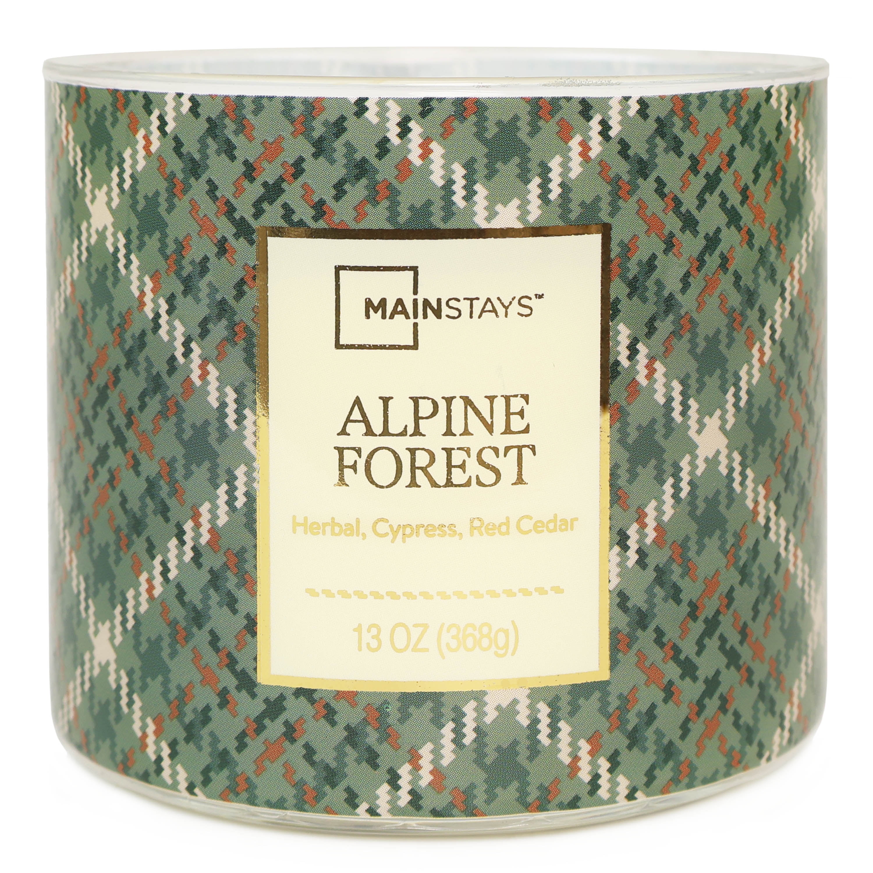 Mainstays 3-Wick Alpine Forest Candle With a Green Plaid Design, 13-Ounce