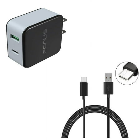 2-Port USB 36W Quick Home Charger w Power Cord Type-C 10ft USB Cable N7A for Alcatel 3V (2019) - ASUS ROG Phone 2 - BLU G9 Pro - BOLD N1 - Coolpad Legacy S - Google Pixel 4 XL - LG G8X ThinQ