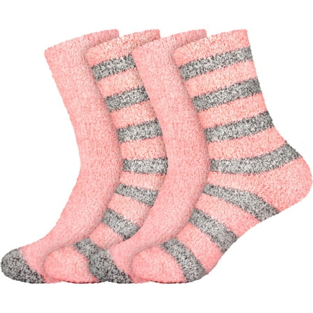

BambooMN Women s Extra Large Soft Fuzzy Warm Cozy Comfy Fuzzy Plush Cute Striped Solid Slipper Socks - Pink Grey - 4 Pairs