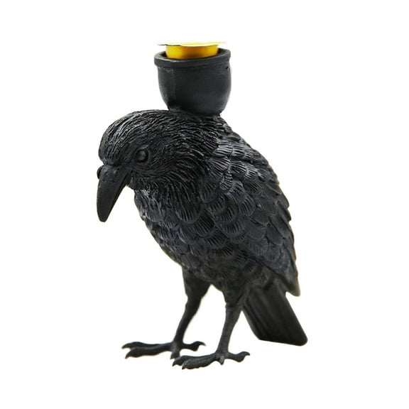 BinKFF Halloween Decorations Indoor, 6.1inchs Gothic Home Decor, Halloween Candle Holder, Fake Crow Light Holder, Raven Lamp Tealight Candle Holder Black Resin Statue