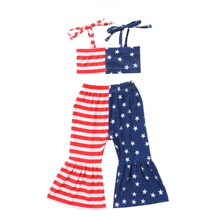 

Arvbitana Toddler Baby Girl 4th of July Outfit 6M 1T 2T 3T 4T 5T American Flag Print Sleeveless Top Flared Pants Set Independence Day