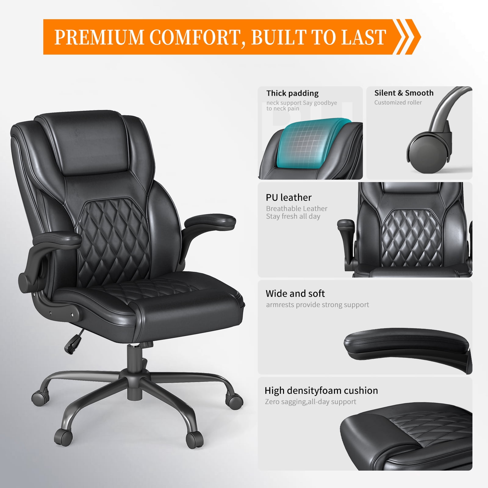 YERAIRR  Leather Office Chair  Big and Tall Wide Seat Task Chair Ergonomic Computer Desk Chair High Back, Adjustable Armrests, Thick Seat Cushion Black