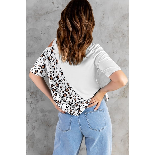 ABPHQTO Top blanco asimétrico con hombros descubiertos y cuello simulado de leopardo con bloques de color para mujer